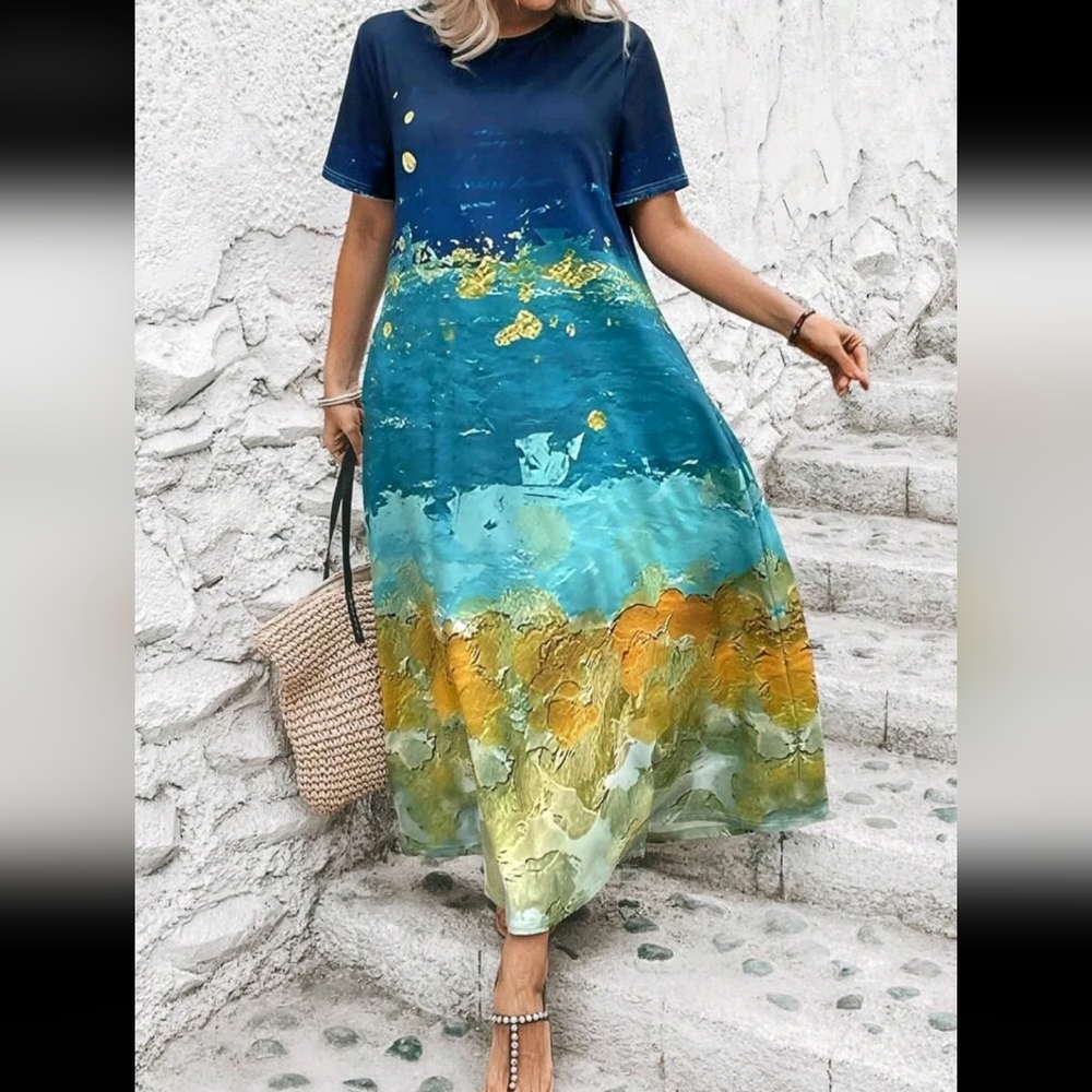 Plus Size Abstract Tie Dye Print Pocket Short Sleeve Maxi Dress